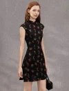 Woman wearing a summer black base rose print sleeveless short qipao dress, standing in profile to show the slim fit silhouette and classic mandarin collar.
