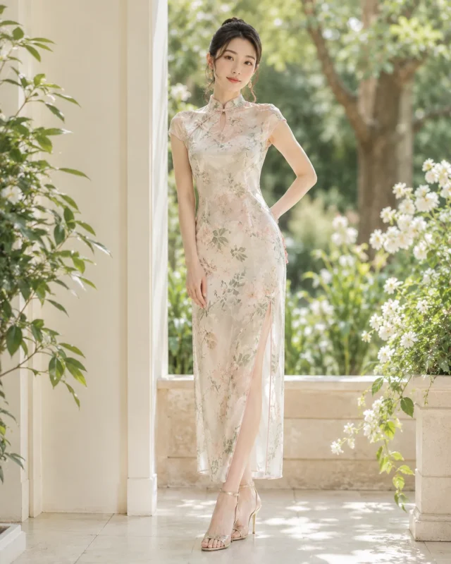 Delicate thin strap heeled sandals for summer floral cheongsam garden wear