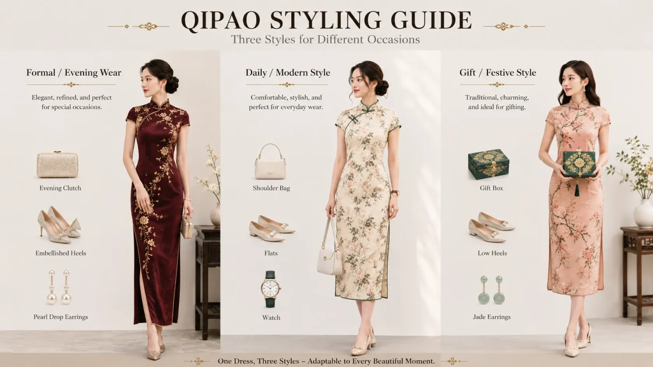  Can you style a qipao for everyday wear? This qipao styling guide shows three cheongsam outfits for formal, daily, and festive occasions with matching bags, shoes, and jewelry.