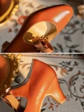 Close-up split view of vintage genuine leather qipao shoes, focusing on the smooth toe and structured heel of the 1920s ribbon mary jane heels, showcasing precise stitching and premium leather texture