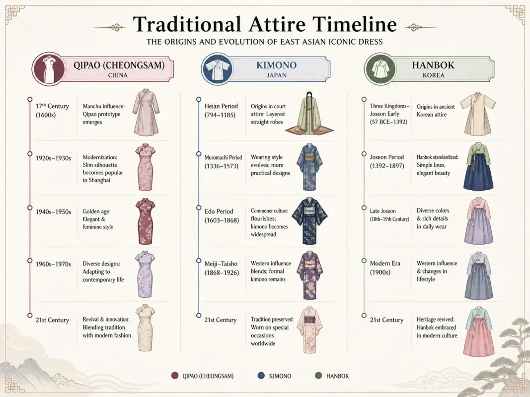 Timeline infographic showing the origins and evolution of qipao kimono and hanbok traditional East Asian dresses through history