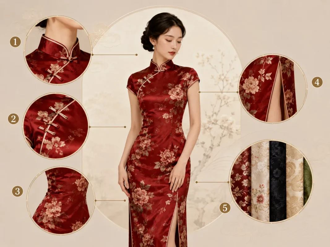 Red traditional qipao with labeled details: mandarin collar, frog buttons, fitted cut, side slit, and fabric options