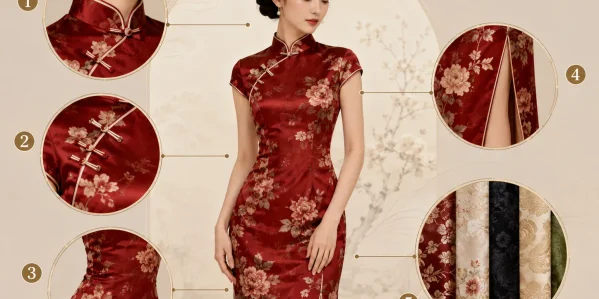 Red traditional qipao with labeled details: mandarin collar, frog buttons, fitted cut, side slit, and fabric options