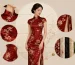 Red traditional qipao with labeled details: mandarin collar, frog buttons, fitted cut, side slit, and fabric options