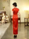 Back view of a traditional red long wedding qipao, showing the smooth satin fabric drape and elegant silhouette from the rear.