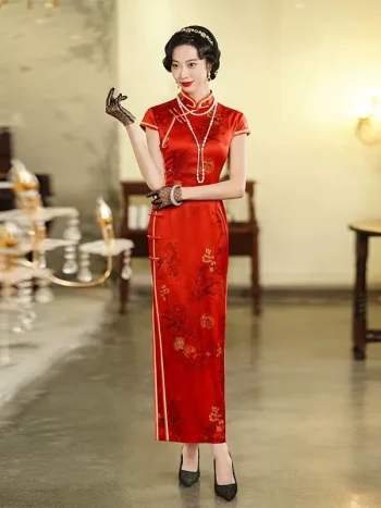 Full-length front view of a traditional Chinese wedding red qipao dress, featuring classic frog buttons, satin trim, and a tailored silhouette.