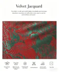 Close-up shot of the velvet jacquard fabric used for the Classic Traditional Chinese Qipao/Cheongsam Dress, featuring intricate red and green phoenix and floral patterns. The image includes fabric performance description highlighting soft, breathable, moisture-absorbent, and skin-friendly properties, along with clear care instructions such as hand wash only, low temperature wash, professional dry clean, do not bleach, iron at low temperature, and dry flat, showcasing the premium quality material of this traditional chinese qipao dress.