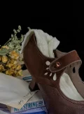 Vintage 1920s replica cheongsam leather shoes detail, styled with old books and dried flowers for retro vibe