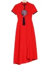 Vintage modified red cheongsam dress with traditional Chinese embroidery and tassel detail, short sleeves and midi length, displayed on plain white background.