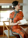 Old Shanghai Tangerine Red Peony Long Cheongsam - Image 6