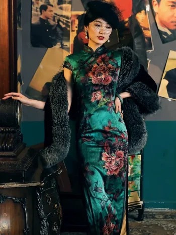 Woman in an Old Shanghai peony print cheongsam (19 Mome mulberry silk) paired with a black fur shawl, posing against a wall with vintage photos, exuding retro elegance.