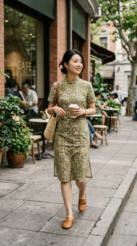 Vintage printed midi daily cheongsam with brown loafers for casual city street outings