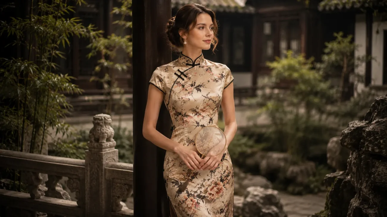 Elegant white woman in a vintage floral silk qipao holding a fan, posing for a photoshoot in a traditional Chinese garden setting.