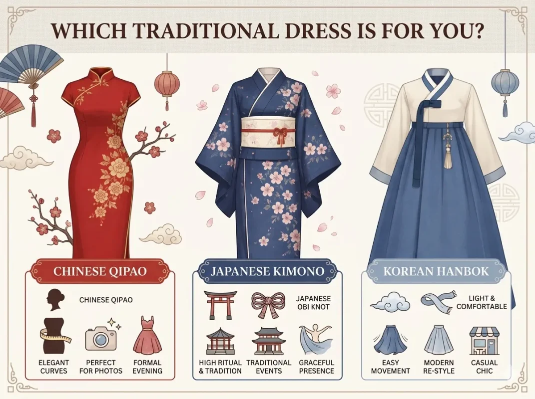 Infographic comparing Chinese qipao Japanese kimono and Korean hanbok with style characteristics and usage scenarios