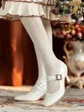 White genuine leather 1920s vintage Mary Jane cup heel high heel shoes, styled with lace tights and vintage dress, perfect for cheongsam and retro outfits