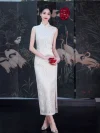 Full-body shot of a woman wearing a white lace modern sleeveless cheongsam dress, holding a red teacup in front of a crane-patterned screen, highlighting the dress's slim fit and high slit design.