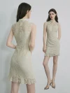 Dual view of a woman in a white lace cheongsam dress, showing both the intricate back lace pattern and the front silhouette, highlighting the sleeveless design and ruffled hem from multiple angles.