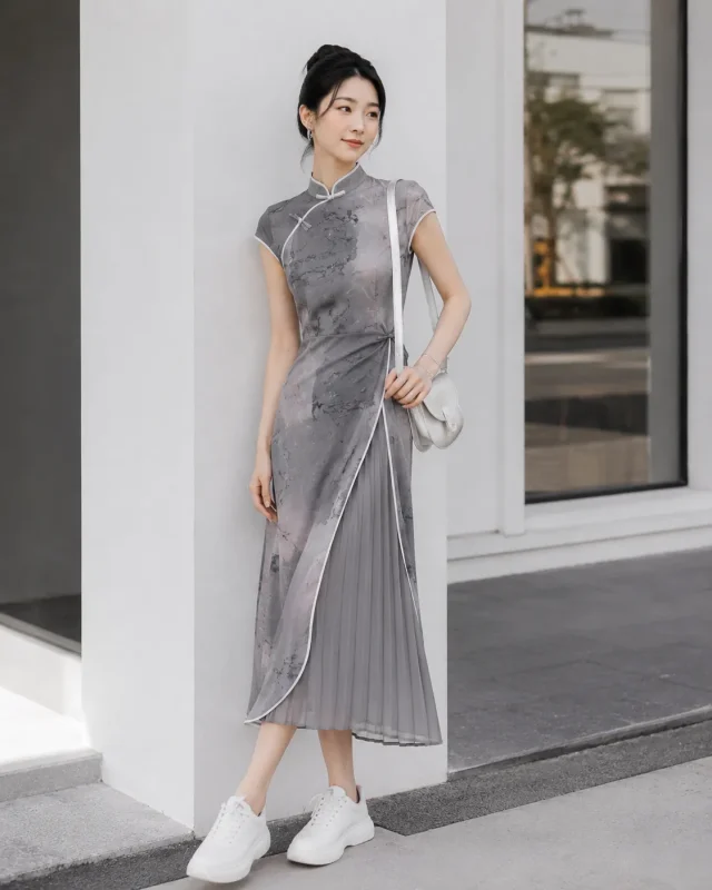 Minimalist white sneakers, casual street style shoes to pair with modernized cheongsam for daily outings