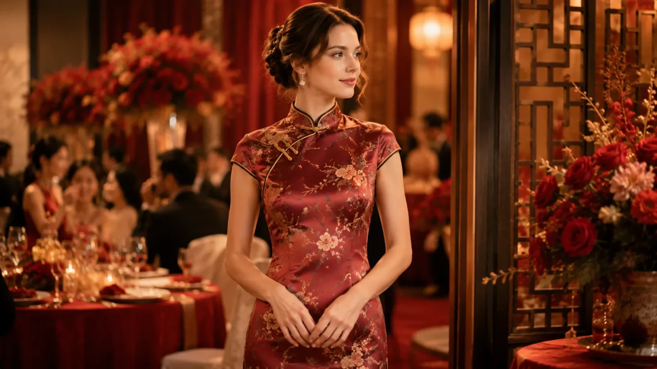 Elegant white woman wearing a red floral silk qipao at a formal Chinese wedding banquet with festive red decor.