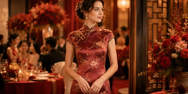 Elegant white woman wearing a red floral silk qipao at a formal Chinese wedding banquet with festive red decor.