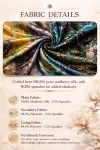 Fabric details infographic for the women high end yellow mulberry silk cheongsam dress, showcasing 90.8% pure mulberry silk blend with spandex, luxurious printed texture, and pre-shrunk treatment information.