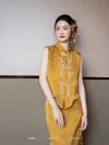 Yellow Modern Cheongsam Wedding Dress - Full body shot of bride in two-piece chinese cheongsam with mandarin collar, brocade qipao with floral hair accessories, elegant wedding outfit