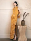 Modern Yellow Cheongsam - Two-piece chinese cheongsam dress with mandarin collar, sleeveless brocade vest and maxi skirt set with floral jacquard, elegant outfit for modern events