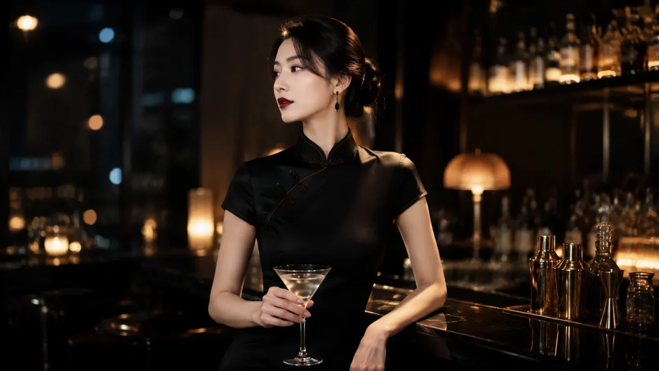 Sophisticated woman in a black qipao dress representing mystery, elegance, and modern femininity inspired by 1930s Shanghai style