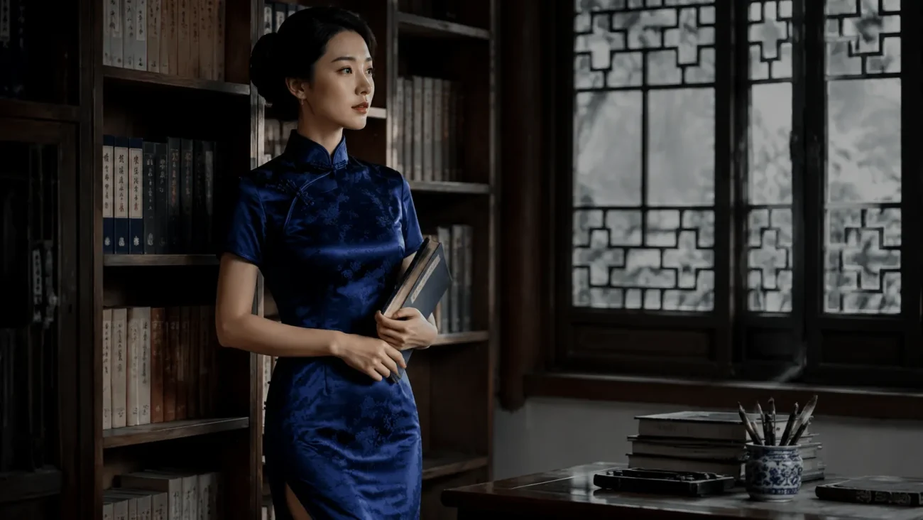 Elegant woman wearing a blue qipao cheongsam representing calmness, healing, wisdom, and scholarly grace inspired by Ming and Qing dynasty aesthetics