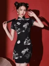 Elegant woman posing in a slim-fit black mini cheongsam with a traditional mandarin collar and pearl buttons.