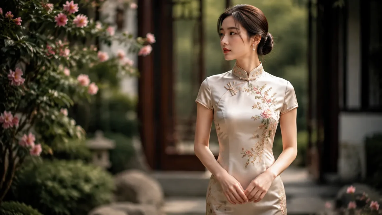 Elegant woman standing in a garden wearing a traditional beige silk Qipao with floral embroidery.