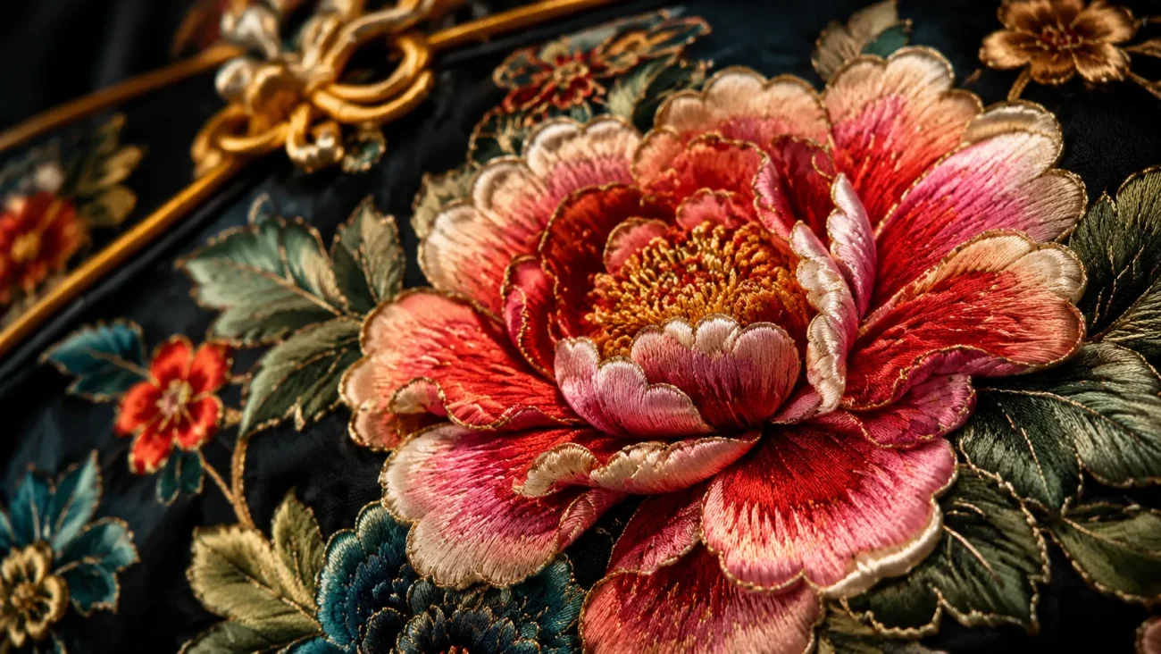 Exquisite multicolored embroidered qipao featuring traditional Chinese motifs like dragon, phoenix, and peonies, representing rich cultural symbolism and auspicious meanings