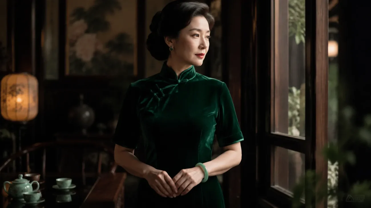 Beautiful woman in an emerald green qipao dress symbolizing harmony, growth, and natural beauty, associated with precious jade in Chinese culture