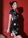 Profile view of a modern short sleeve mini cheongsam dress featuring side slits and a koi pattern.