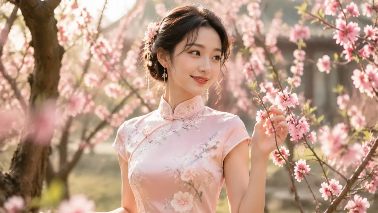 Young woman in a romantic pink qipao dress symbolizing youth, romance, and playfulness, reminiscent of spring peach blossoms