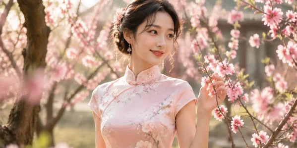 Young woman in a romantic pink qipao dress symbolizing youth, romance, and playfulness, reminiscent of spring peach blossoms