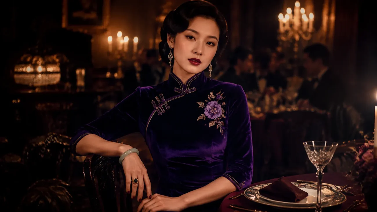 Stunning woman wearing a purple qipao cheongsam representing wisdom, spirituality, and noble status in traditional Chinese color symbolism