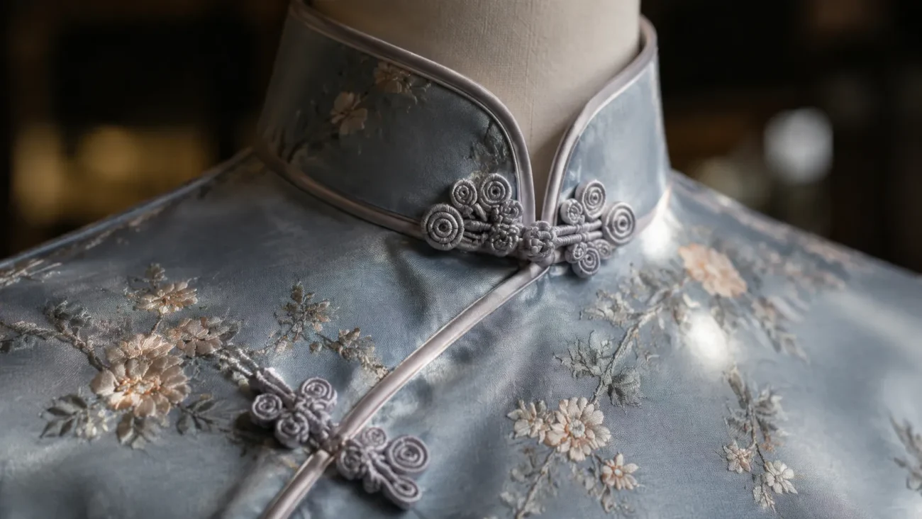 Close-up of a blue silk Qipao showing the intricate handmade frog buttons and the high mandarin collar.
