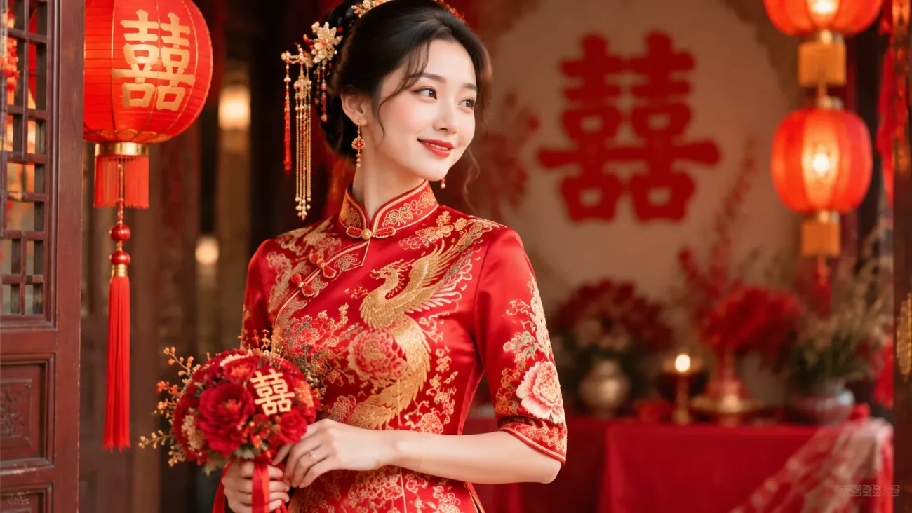 Elegant woman wearing a red qipao (cheongsam) with gold embroidery, symbolizing luck, joy, and prosperity in traditional Chinese culture