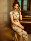 Vintage portrait of a woman wearing a silk cheongsam dress sitting gracefully by a wooden piano, with her hand gently resting near her chin under warm ambient lighting.