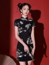 Front full-body view of a stylish modern mini cheongsam with white koi fish and floral embroidery.