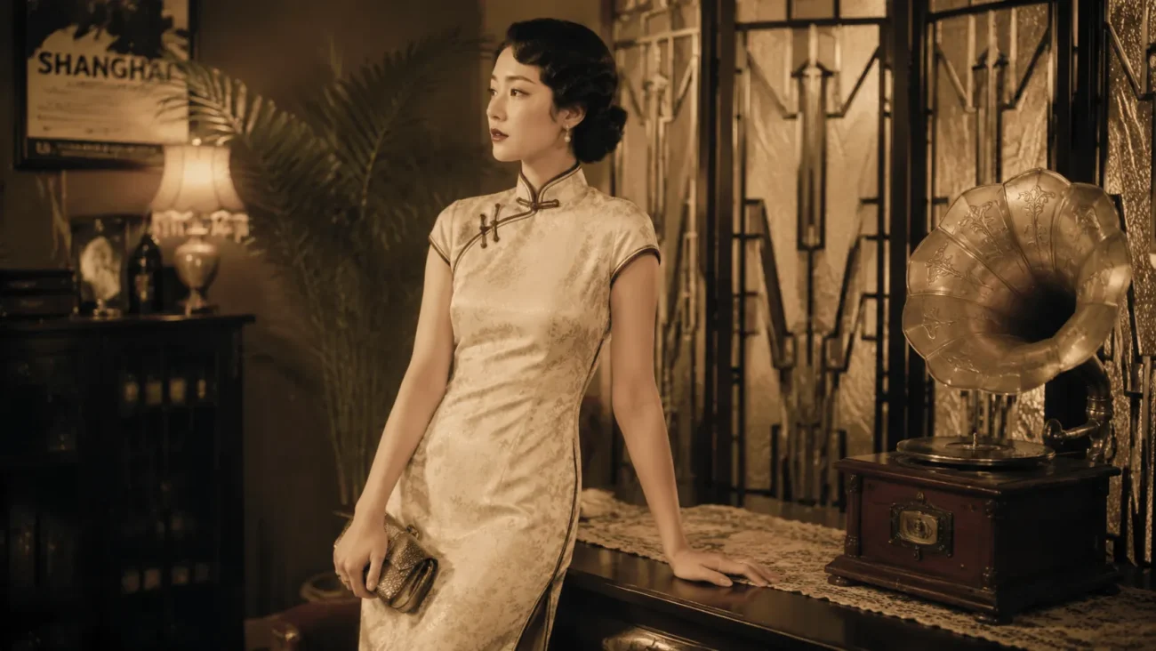 A woman in a 1920s vintage Shanghai-style Cheongsam dress, leaning against a table in a retro interior.