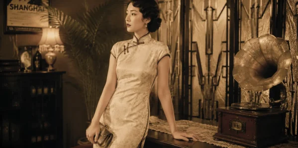 A woman in a 1920s vintage Shanghai-style Cheongsam dress, leaning against a table in a retro interior.