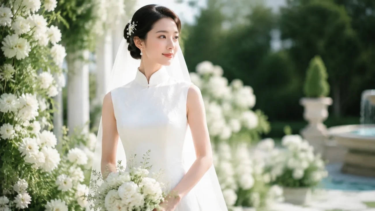 Graceful woman wearing a white qipao cheongsam representing purity, modernity, and minimalism in contemporary Chinese fashion